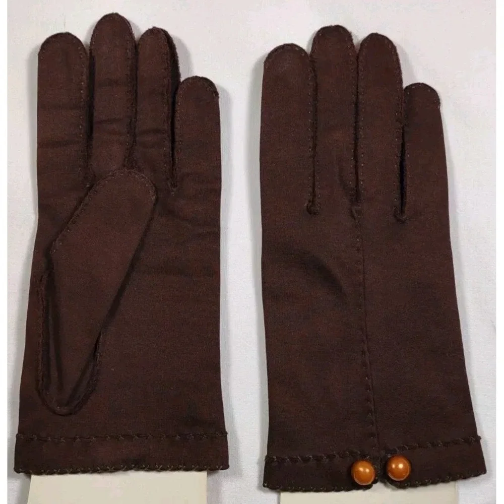 VTG Brown gloves orange buttons Sz 7 - 8